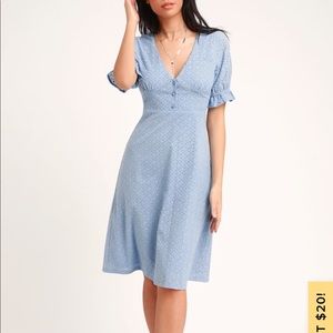 GOOD TO BE ME LIGHT BLUE EYELET LACE MIDI DRESS